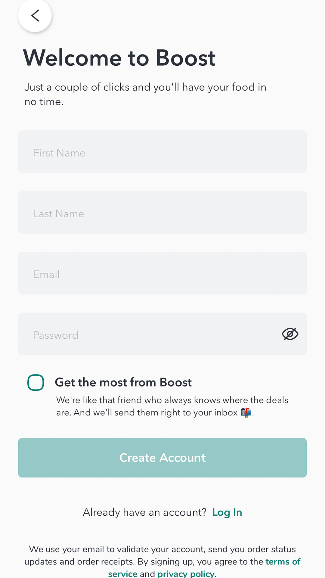 Create Account page screenshot, collecting name, email, and password.