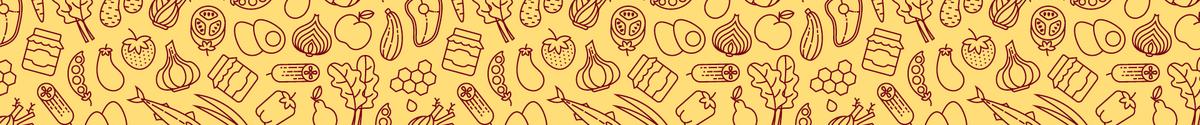 Repeating pattern of drawn fruits, veggies, and meats.